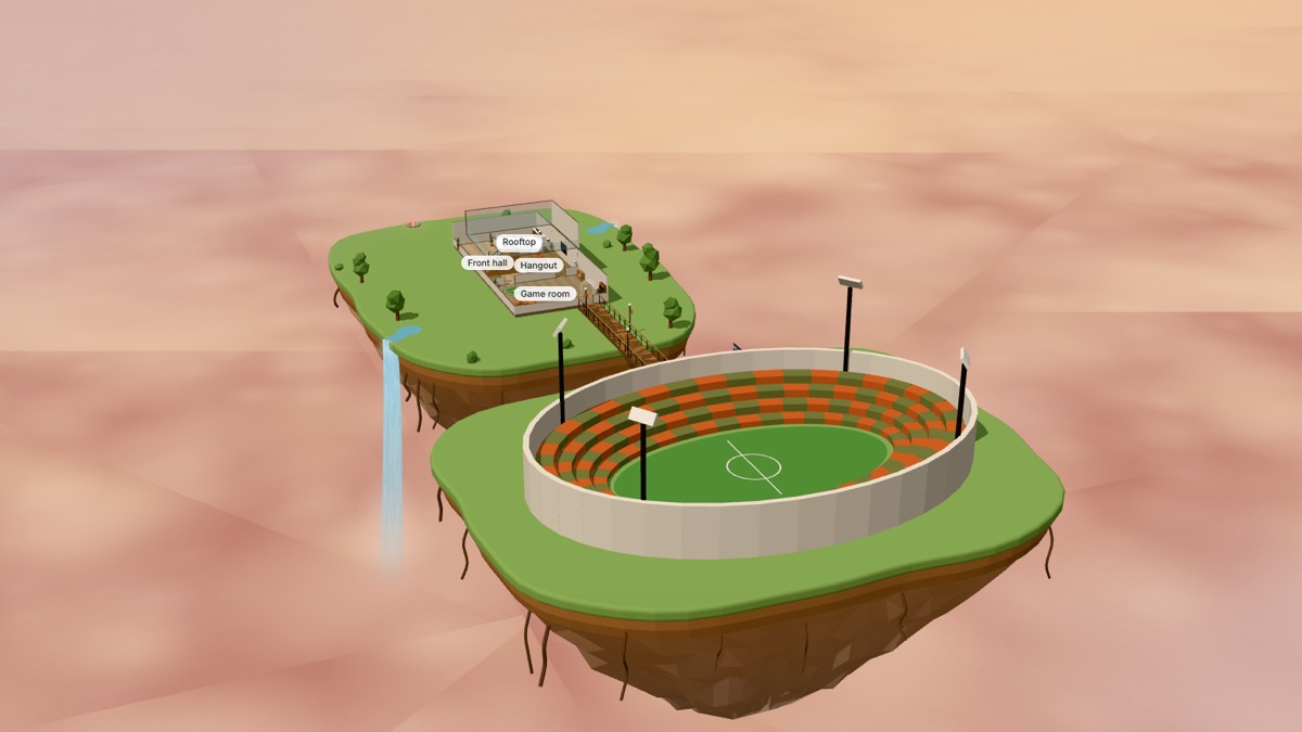 Gameworks: a floating island with a clubhouse and a stadium
