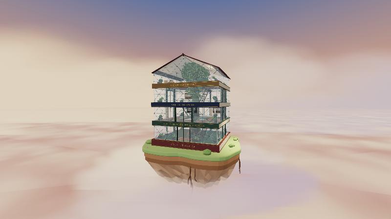 The Grand Library: a glass tower of books round a great tree, on a floating island