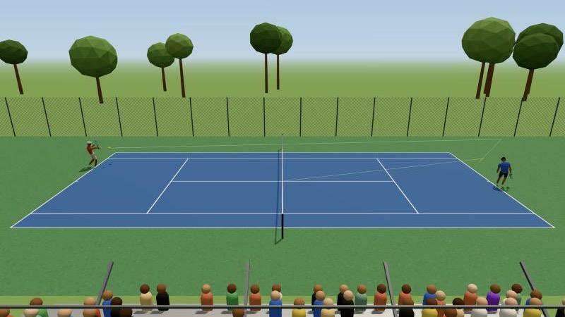 Tennis: a court seen from the stands, two players mid-rally