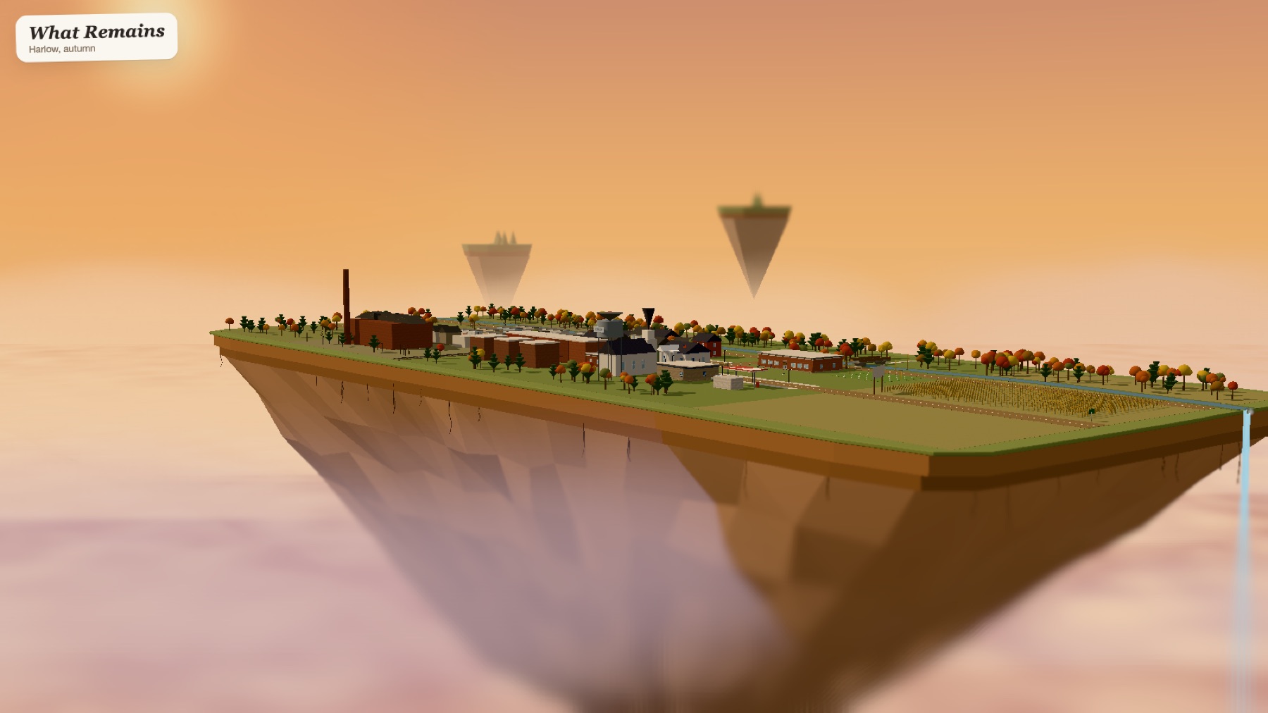 What Remains: a tilt-shift miniature town on a floating island at sunset