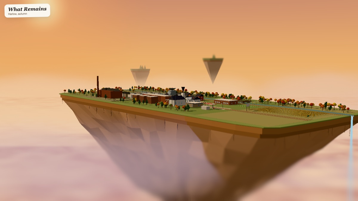 What Remains: a tilt-shift miniature town on a floating island at sunset