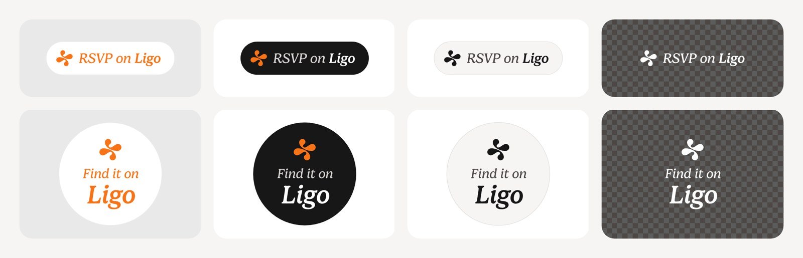 RSVP on Ligo pill badges and Find it on Ligo round badges, in orange, dark, ink and white