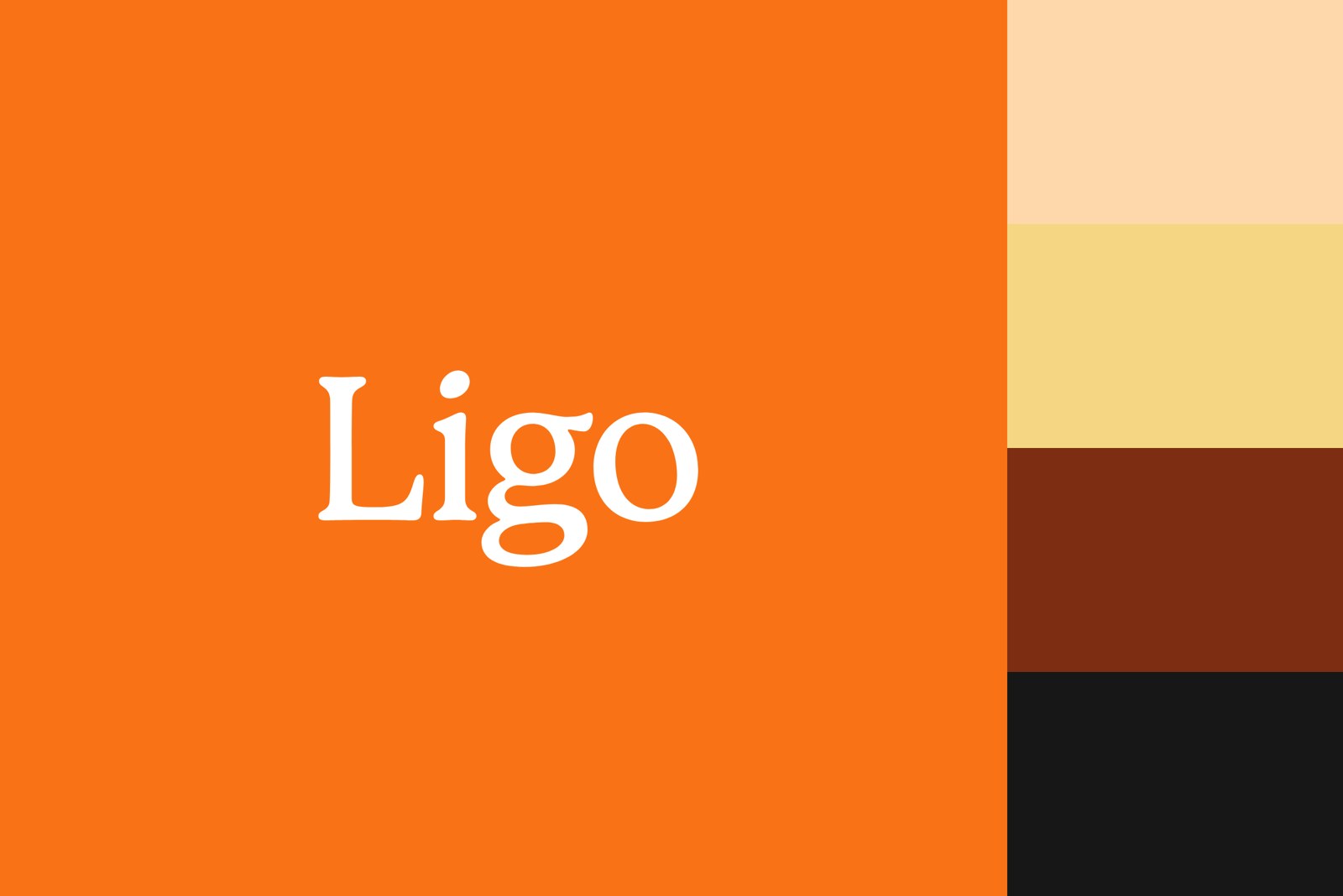 The Ligo design system cover: the Ligo wordmark on orange beside the brand palette