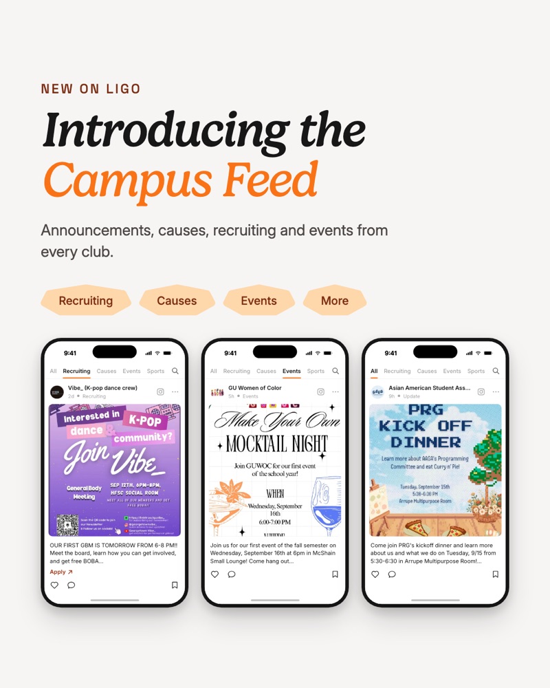 Feed post: Introducing the Campus Feed, with three phones showing club posts
