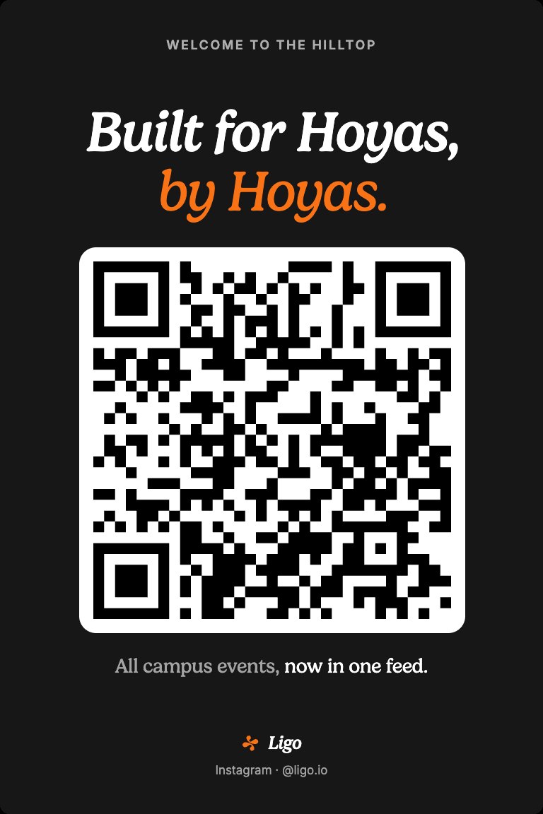 Move-in flyer: Built for Hoyas, by Hoyas, with a QR code to download Ligo